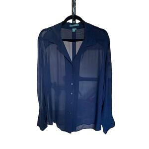 Lauren Ralph Lauren-Sheer Button Down-Blouse Long Sleeve-100% Silk-Navy-Women-6W